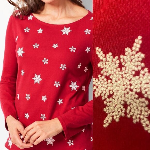 Talbots red embroidered snowflake Christmas holiday Cotton crewneck blouse XS - Picture 1 of 9